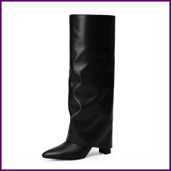 Knee High Boots Women Fold Over Chunky Heel Pointed Toe Zipper Dress Boots